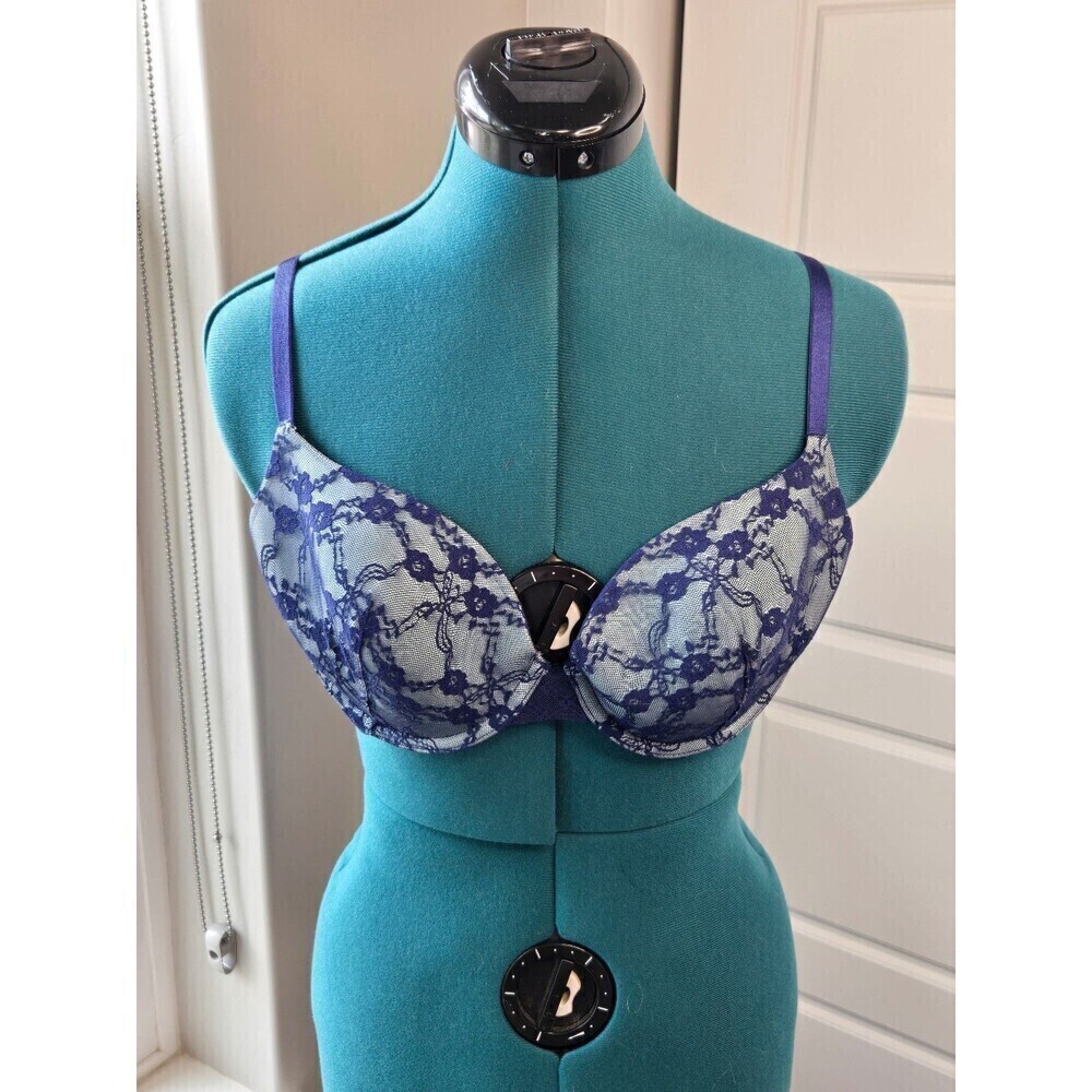 VICTORIA'S SECRET LINED DEMI BRA NAVY BLUE LACE PEACOCK BLUE WOMEN 36C SEXY